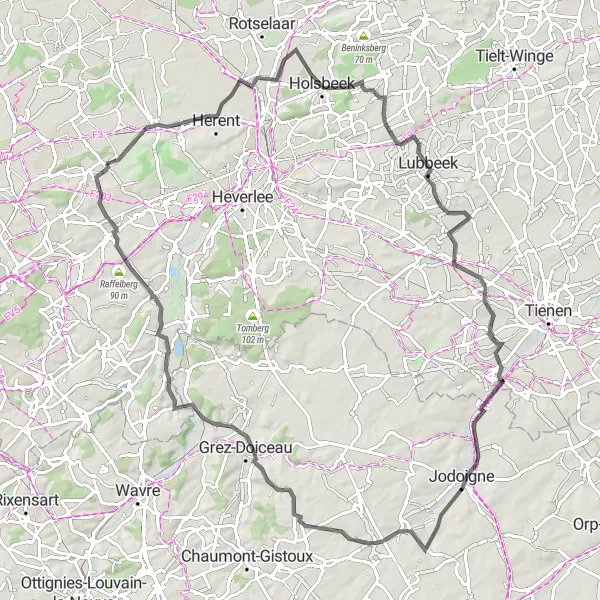 Miniatuurkaart van de fietsinspiratie "91 km Fietsavontuur in Vlaams-Brabant" in Prov. Vlaams-Brabant, Belgium. Gemaakt door de Tarmacs.app fietsrouteplanner