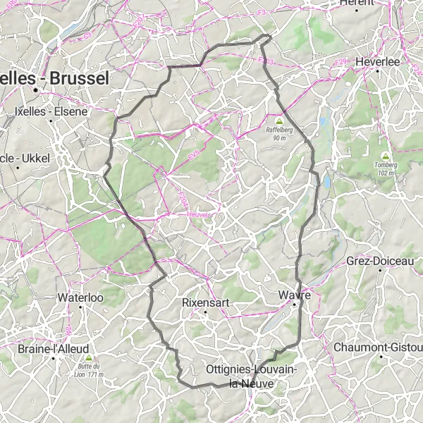 Miniatuurkaart van de fietsinspiratie "Tocht vanuit Meerbeek naar Everberg en terug" in Prov. Vlaams-Brabant, Belgium. Gemaakt door de Tarmacs.app fietsrouteplanner