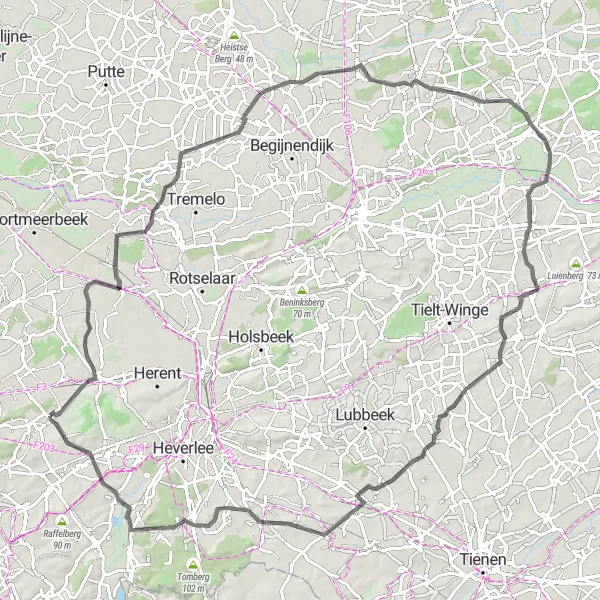 Miniature de la carte de l'inspiration cycliste "Parcours routier autour de Meerbeek" dans la Prov. Vlaams-Brabant, Belgium. Générée par le planificateur d'itinéraire cycliste Tarmacs.app