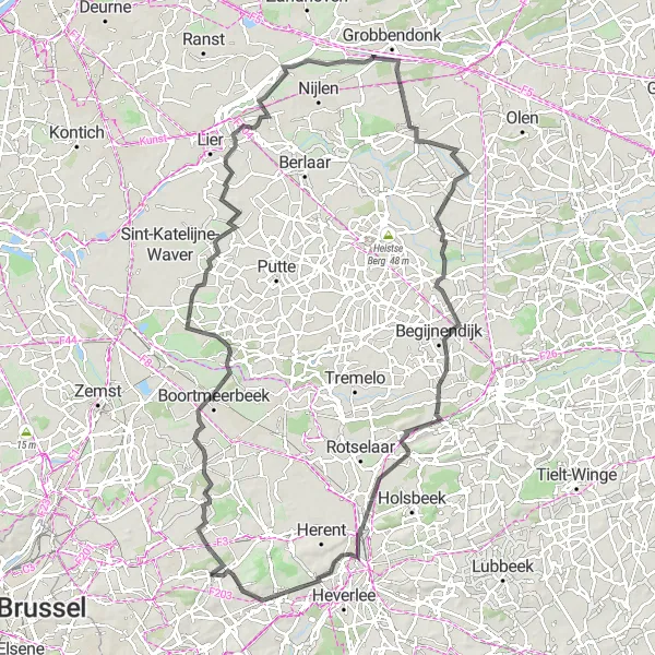 Miniatuurkaart van de fietsinspiratie "108 km Wegfietsen door Vlaams-Brabant" in Prov. Vlaams-Brabant, Belgium. Gemaakt door de Tarmacs.app fietsrouteplanner