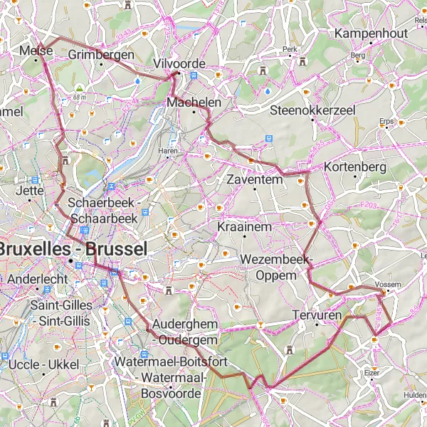 Map miniature of "Gravel Adventure through Machelen and Atomium" cycling inspiration in Prov. Vlaams-Brabant, Belgium. Generated by Tarmacs.app cycling route planner