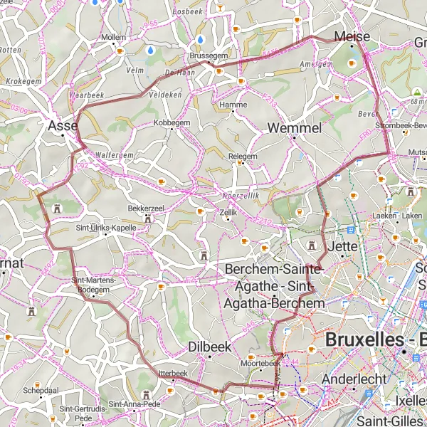 Miniature de la carte de l'inspiration cycliste "Route de gravier à travers la campagne" dans la Prov. Vlaams-Brabant, Belgium. Générée par le planificateur d'itinéraire cycliste Tarmacs.app