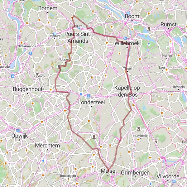 Map miniature of "Exploring Steenhuffel and Willebroek" cycling inspiration in Prov. Vlaams-Brabant, Belgium. Generated by Tarmacs.app cycling route planner