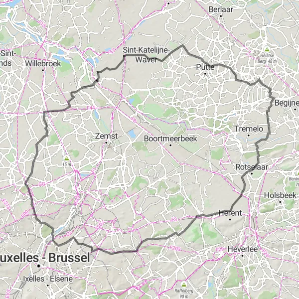 Map miniature of "Meise-Hoogste Punt Vilvoorde Heritage Ride" cycling inspiration in Prov. Vlaams-Brabant, Belgium. Generated by Tarmacs.app cycling route planner