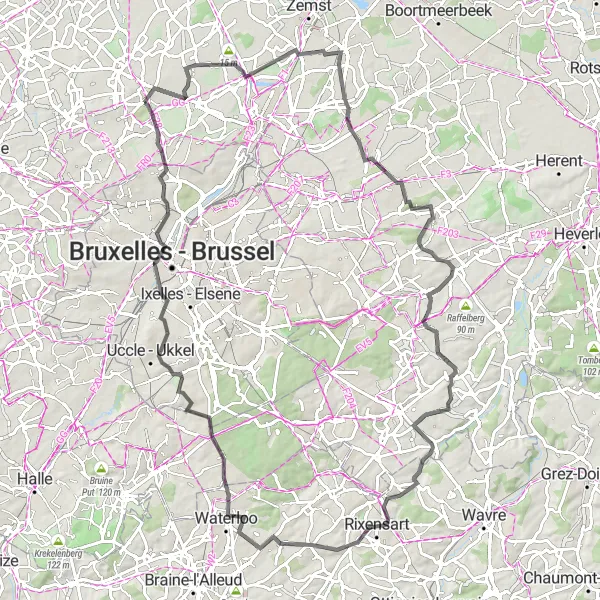 Miniature de la carte de l'inspiration cycliste "Escapade cycliste dans le Brabant flamand" dans la Prov. Vlaams-Brabant, Belgium. Générée par le planificateur d'itinéraire cycliste Tarmacs.app