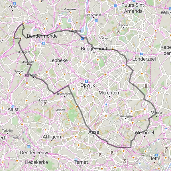 Karten-Miniaturansicht der Radinspiration "Route Meise - Amelgem - Putberg - Oudegem - Appels - Steenhuffel - Wolvertem" in Prov. Vlaams-Brabant, Belgium. Erstellt vom Tarmacs.app-Routenplaner für Radtouren
