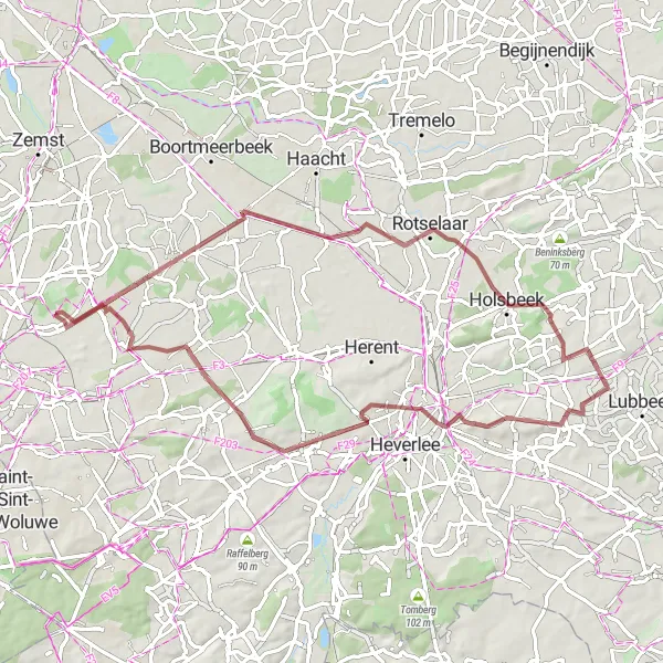 Map miniature of "Challenging Gravel Route in Vlaams-Brabant" cycling inspiration in Prov. Vlaams-Brabant, Belgium. Generated by Tarmacs.app cycling route planner