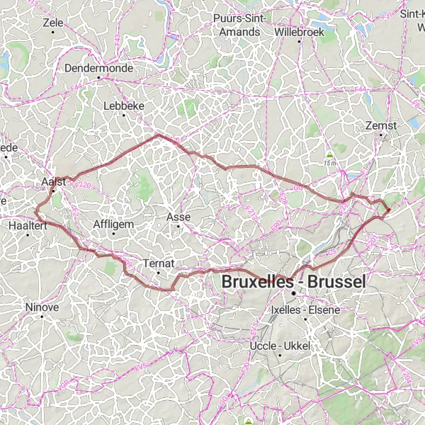 Map miniature of "Countryside Gravel Adventure via Aalst" cycling inspiration in Prov. Vlaams-Brabant, Belgium. Generated by Tarmacs.app cycling route planner