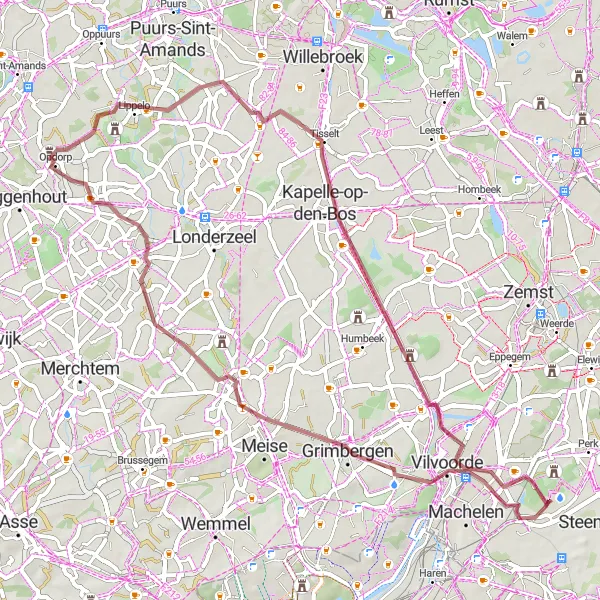 Miniatuurkaart van de fietsinspiratie "Gravelroute langs historische locaties" in Prov. Vlaams-Brabant, Belgium. Gemaakt door de Tarmacs.app fietsrouteplanner