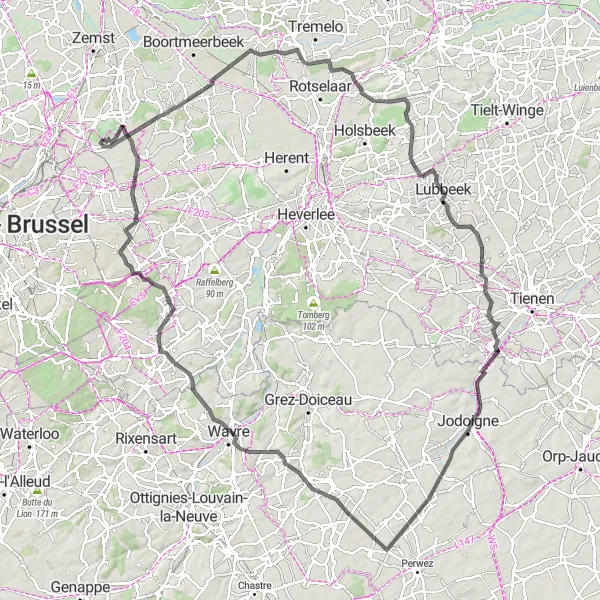 Miniature de la carte de l'inspiration cycliste "Parcours épique vers Chaumont-Gistoux" dans la Prov. Vlaams-Brabant, Belgium. Générée par le planificateur d'itinéraire cycliste Tarmacs.app