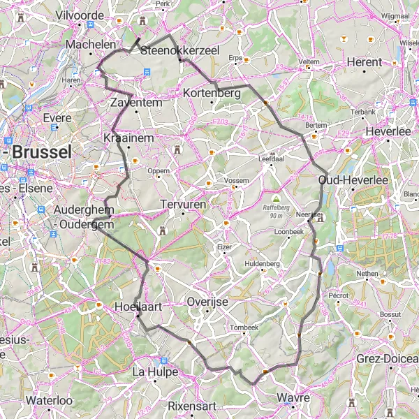 Map miniature of "The Melsbroek and Surroundings Loop" cycling inspiration in Prov. Vlaams-Brabant, Belgium. Generated by Tarmacs.app cycling route planner