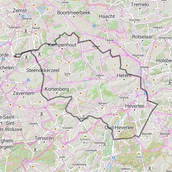 Miniatuurkaart van de fietsinspiratie "Rondrit Vlaams-Brabantse dorpen" in Prov. Vlaams-Brabant, Belgium. Gemaakt door de Tarmacs.app fietsrouteplanner