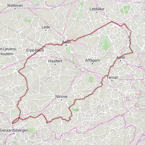 Miniatuurkaart van de fietsinspiratie "Gravelfietstocht door het Pajottenland" in Prov. Vlaams-Brabant, Belgium. Gemaakt door de Tarmacs.app fietsrouteplanner