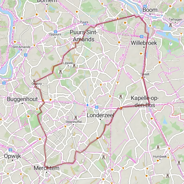Miniatuurkaart van de fietsinspiratie "Grindpaden van Opdorp en Rossem" in Prov. Vlaams-Brabant, Belgium. Gemaakt door de Tarmacs.app fietsrouteplanner