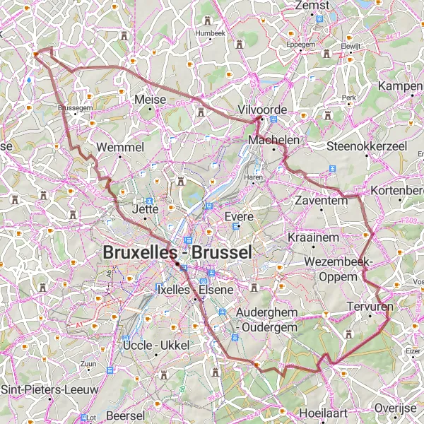 Miniatuurkaart van de fietsinspiratie "Gravelroute van Merchtem naar Ixelles - Elsene" in Prov. Vlaams-Brabant, Belgium. Gemaakt door de Tarmacs.app fietsrouteplanner