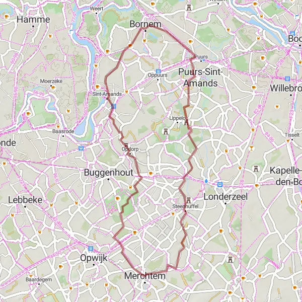 Miniatuurkaart van de fietsinspiratie "Gravelroute rondom Merchtem" in Prov. Vlaams-Brabant, Belgium. Gemaakt door de Tarmacs.app fietsrouteplanner