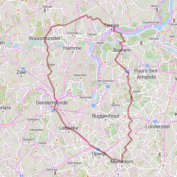 Karten-Miniaturansicht der Radinspiration "Gravel Tour durch Merchtem und Umgebung" in Prov. Vlaams-Brabant, Belgium. Erstellt vom Tarmacs.app-Routenplaner für Radtouren
