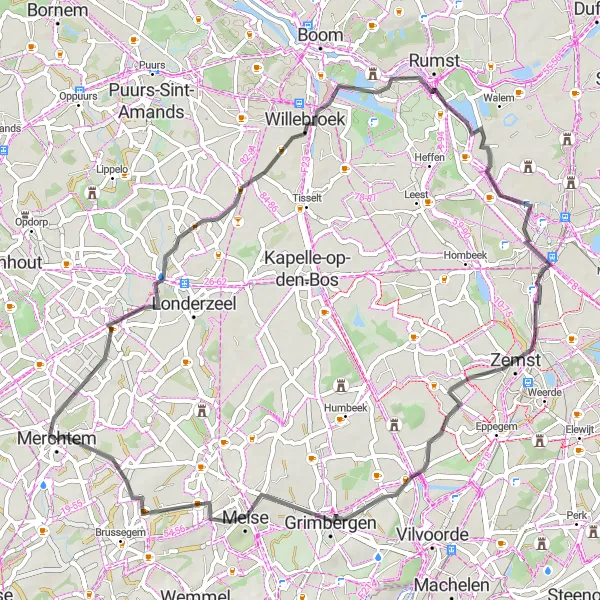 Miniatuurkaart van de fietsinspiratie "Merchtem en Verbrande Brug Verkenningstocht" in Prov. Vlaams-Brabant, Belgium. Gemaakt door de Tarmacs.app fietsrouteplanner