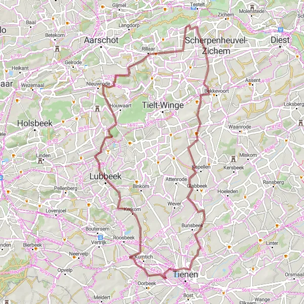 Map miniature of "Exhilarating Gravel Adventure in Hageland" cycling inspiration in Prov. Vlaams-Brabant, Belgium. Generated by Tarmacs.app cycling route planner