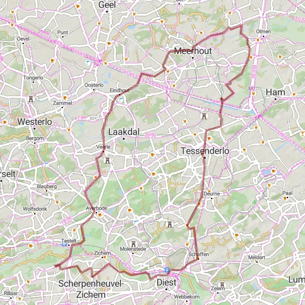 Miniatuurkaart van de fietsinspiratie "Gravelroute vanuit Messelbroek" in Prov. Vlaams-Brabant, Belgium. Gemaakt door de Tarmacs.app fietsrouteplanner