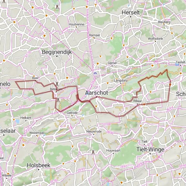 Map miniature of "Uncovering Scenic Gravel Trails in Brabant" cycling inspiration in Prov. Vlaams-Brabant, Belgium. Generated by Tarmacs.app cycling route planner