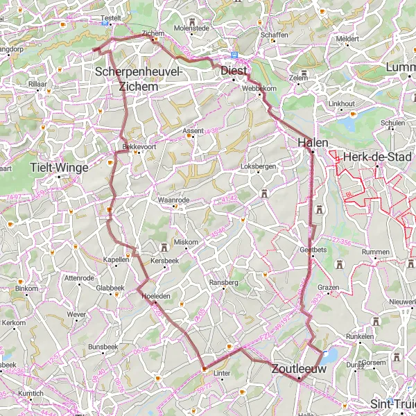 Map miniature of "Gravel Journey around Messelbroek" cycling inspiration in Prov. Vlaams-Brabant, Belgium. Generated by Tarmacs.app cycling route planner