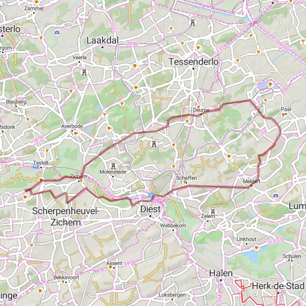 Map miniature of "Scenic Gravel Adventure near Messelbroek" cycling inspiration in Prov. Vlaams-Brabant, Belgium. Generated by Tarmacs.app cycling route planner