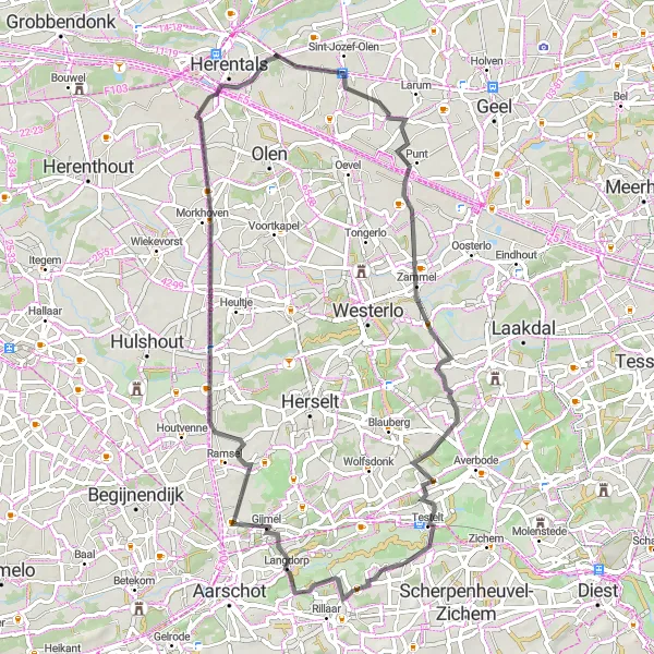 Miniatuurkaart van de fietsinspiratie "Langdorp en Terug" in Prov. Vlaams-Brabant, Belgium. Gemaakt door de Tarmacs.app fietsrouteplanner
