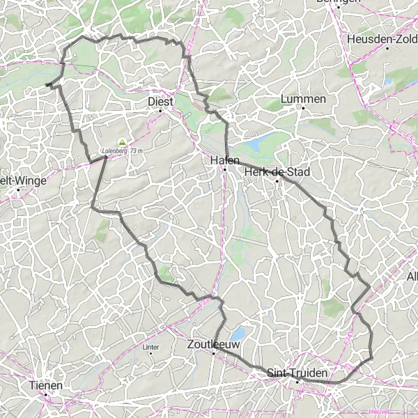 Map miniature of "Challenging Road Loop from Messelbroek" cycling inspiration in Prov. Vlaams-Brabant, Belgium. Generated by Tarmacs.app cycling route planner