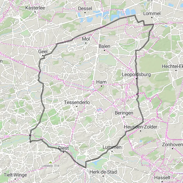 Miniatuurkaart van de fietsinspiratie "Wegroute naar Lommel-Werkplaatsen" in Prov. Vlaams-Brabant, Belgium. Gemaakt door de Tarmacs.app fietsrouteplanner