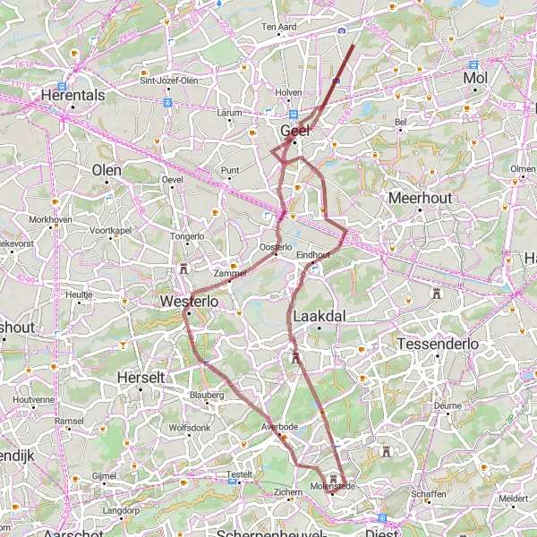 Miniatuurkaart van de fietsinspiratie "Eindhout en Westerlo Graveltocht" in Prov. Vlaams-Brabant, Belgium. Gemaakt door de Tarmacs.app fietsrouteplanner