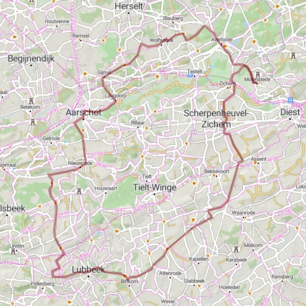 Map miniature of "Molenstede to Averbode Gravel Route" cycling inspiration in Prov. Vlaams-Brabant, Belgium. Generated by Tarmacs.app cycling route planner