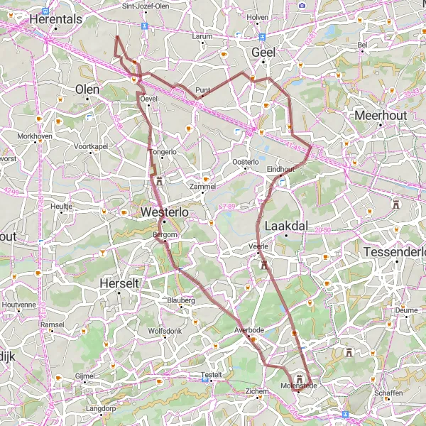 Miniature de la carte de l'inspiration cycliste "Parcours Gravel autour de Westerlo" dans la Prov. Vlaams-Brabant, Belgium. Générée par le planificateur d'itinéraire cycliste Tarmacs.app