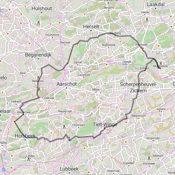 Miniature de la carte de l'inspiration cycliste "Le Tour des Villages Traditionnels" dans la Prov. Vlaams-Brabant, Belgium. Générée par le planificateur d'itinéraire cycliste Tarmacs.app