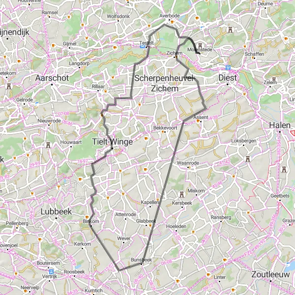 Map miniature of "Molenstede to Averbode Road Route" cycling inspiration in Prov. Vlaams-Brabant, Belgium. Generated by Tarmacs.app cycling route planner