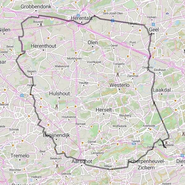 Karten-Miniaturansicht der Radinspiration "Rundfahrt von Molenstede nach Herentals und zurück" in Prov. Vlaams-Brabant, Belgium. Erstellt vom Tarmacs.app-Routenplaner für Radtouren