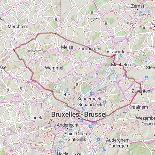 Miniatuurkaart van de fietsinspiratie "Avontuurlijke gravelroute van Mollem naar Kobbegem via Machelen" in Prov. Vlaams-Brabant, Belgium. Gemaakt door de Tarmacs.app fietsrouteplanner