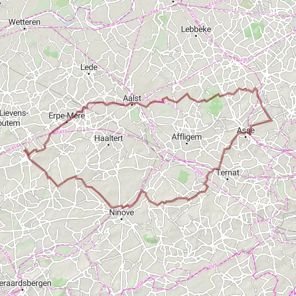 Map miniature of "Gravel Adventure: Erpe Loop" cycling inspiration in Prov. Vlaams-Brabant, Belgium. Generated by Tarmacs.app cycling route planner