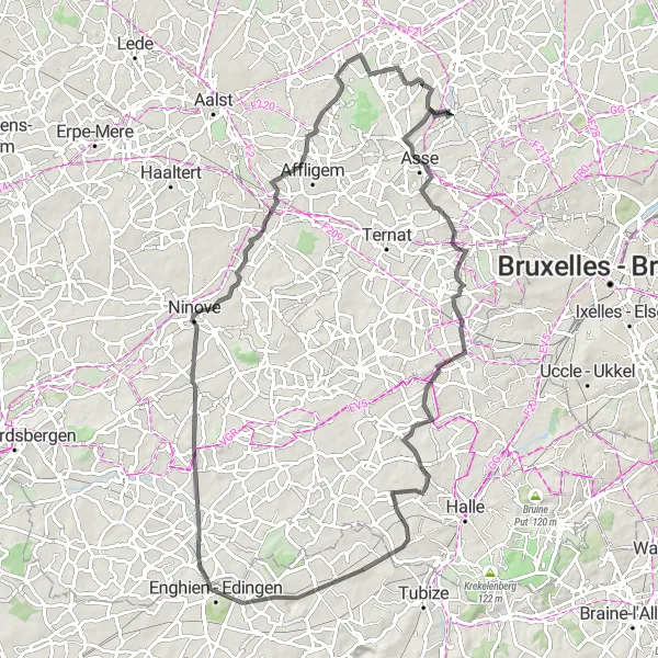 Map miniature of "Hilly Loop: Asse to Droeshout" cycling inspiration in Prov. Vlaams-Brabant, Belgium. Generated by Tarmacs.app cycling route planner