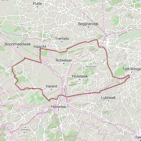 Miniature de la carte de l'inspiration cycliste "Les Chemins Cachés de Winge" dans la Prov. Vlaams-Brabant, Belgium. Générée par le planificateur d'itinéraire cycliste Tarmacs.app