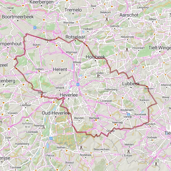 Miniatuurkaart van de fietsinspiratie "Avontuurlijke gravelroute nabij Nederokkerzeel" in Prov. Vlaams-Brabant, Belgium. Gemaakt door de Tarmacs.app fietsrouteplanner