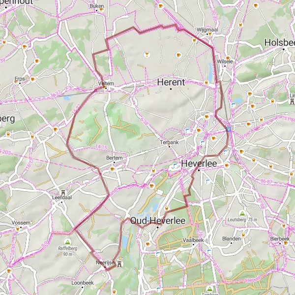 Miniature de la carte de l'inspiration cycliste "Parcours de Vélo Tout-Terrain autour de Neerijse" dans la Prov. Vlaams-Brabant, Belgium. Générée par le planificateur d'itinéraire cycliste Tarmacs.app