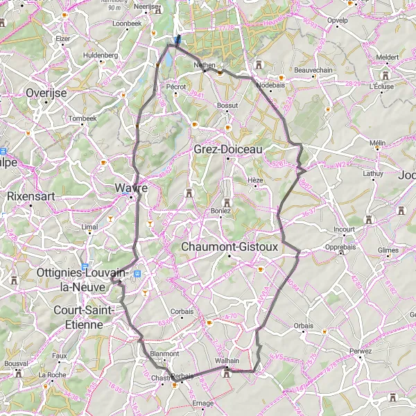 Miniatuurkaart van de fietsinspiratie "Heuvelachtige wegfietsroute naar Mont-Saint-Guibert" in Prov. Vlaams-Brabant, Belgium. Gemaakt door de Tarmacs.app fietsrouteplanner