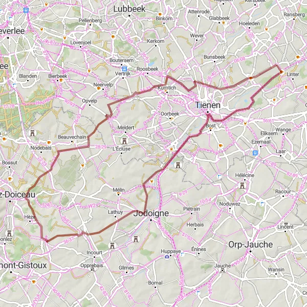 Map miniature of "Scenic Gravel Ride near Neerlinter" cycling inspiration in Prov. Vlaams-Brabant, Belgium. Generated by Tarmacs.app cycling route planner