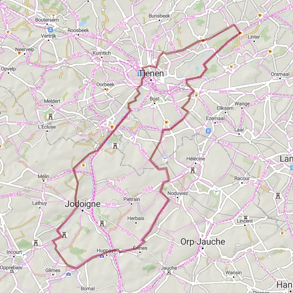 Miniatuurkaart van de fietsinspiratie "Historische Gravelroute van Neerlinter naar Oplinter" in Prov. Vlaams-Brabant, Belgium. Gemaakt door de Tarmacs.app fietsrouteplanner