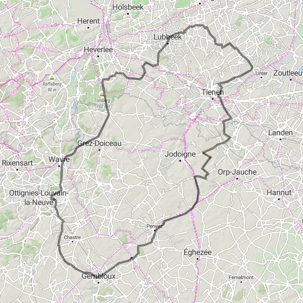 Miniatuurkaart van de fietsinspiratie "Wegroute via Gembloux en Haasrode" in Prov. Vlaams-Brabant, Belgium. Gemaakt door de Tarmacs.app fietsrouteplanner