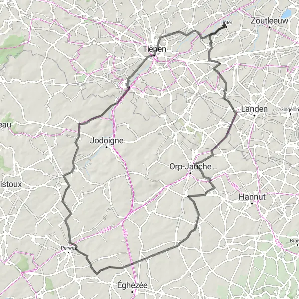 Miniature de la carte de l'inspiration cycliste "La Campagne de Neerlinter" dans la Prov. Vlaams-Brabant, Belgium. Générée par le planificateur d'itinéraire cycliste Tarmacs.app