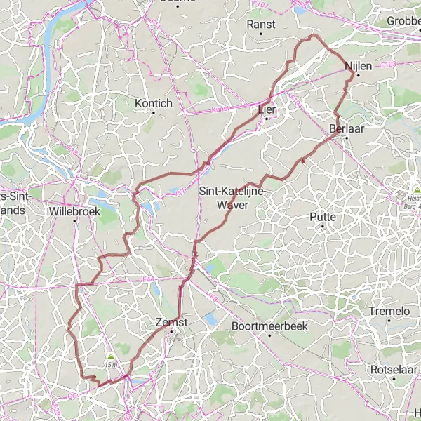 Map miniature of "Nieuwenrode to Den Heuvel Gravel Cycling Route" cycling inspiration in Prov. Vlaams-Brabant, Belgium. Generated by Tarmacs.app cycling route planner