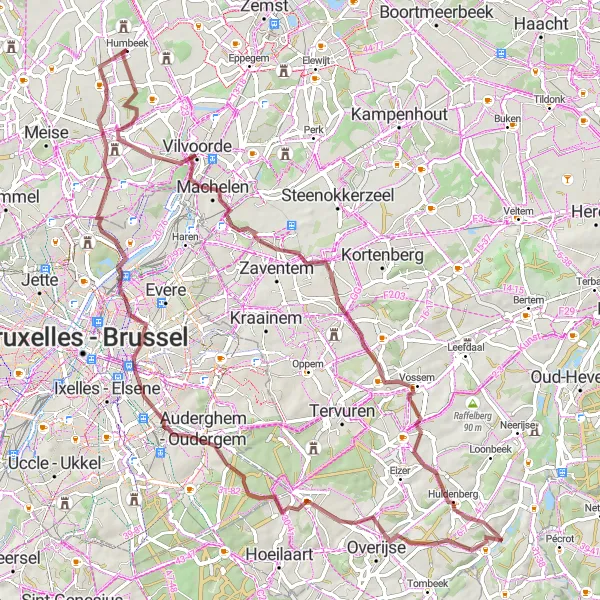 Map miniature of "Nieuwenrode to Mutsaard Gravel Cycling Route" cycling inspiration in Prov. Vlaams-Brabant, Belgium. Generated by Tarmacs.app cycling route planner