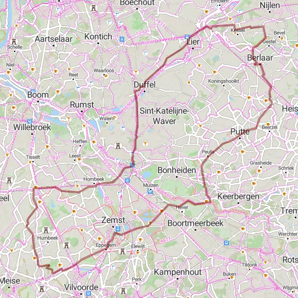 Map miniature of "Nieuwenrode to Den Heuvel Gravel Cycling Route" cycling inspiration in Prov. Vlaams-Brabant, Belgium. Generated by Tarmacs.app cycling route planner